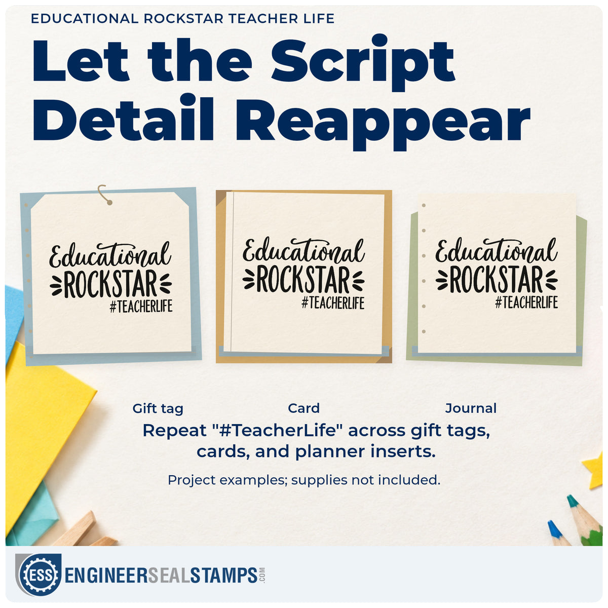 Three project examples made with the Educational Rockstar Teacher Life Script Lettering Stamp – PSI Pre-Inked, including amp case labels.