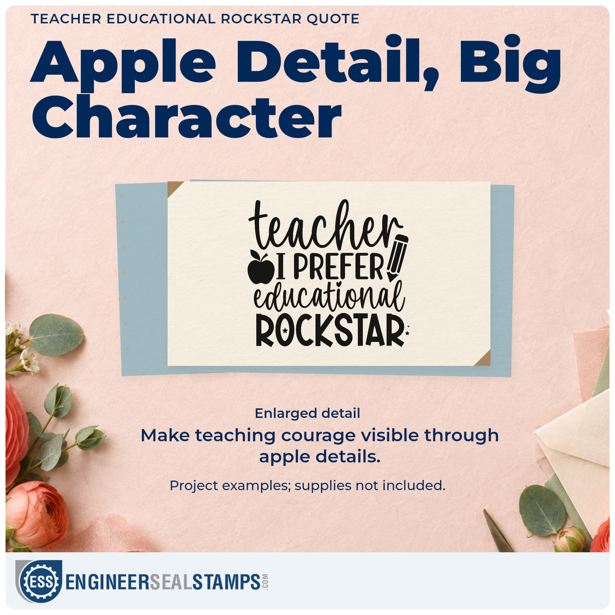 Enlarged detail of the Teacher I Prefer Educational Rockstar Hand Stamp – Duo imprint. “Teacher I Prefer Educational Rockstar” is accented with an apple, pencil, and small stars.
