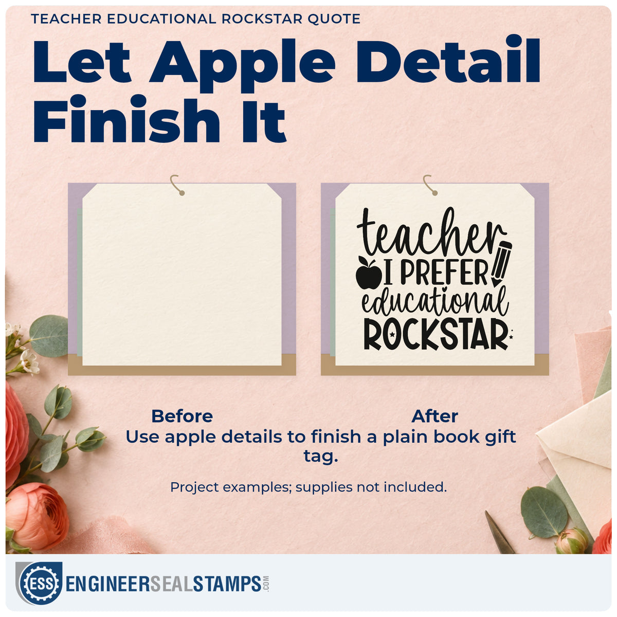 Before and after of a plain item finished with the Teacher I Prefer Educational Rockstar Hand Stamp – Duo, a quick upgrade for backstage pass seals.