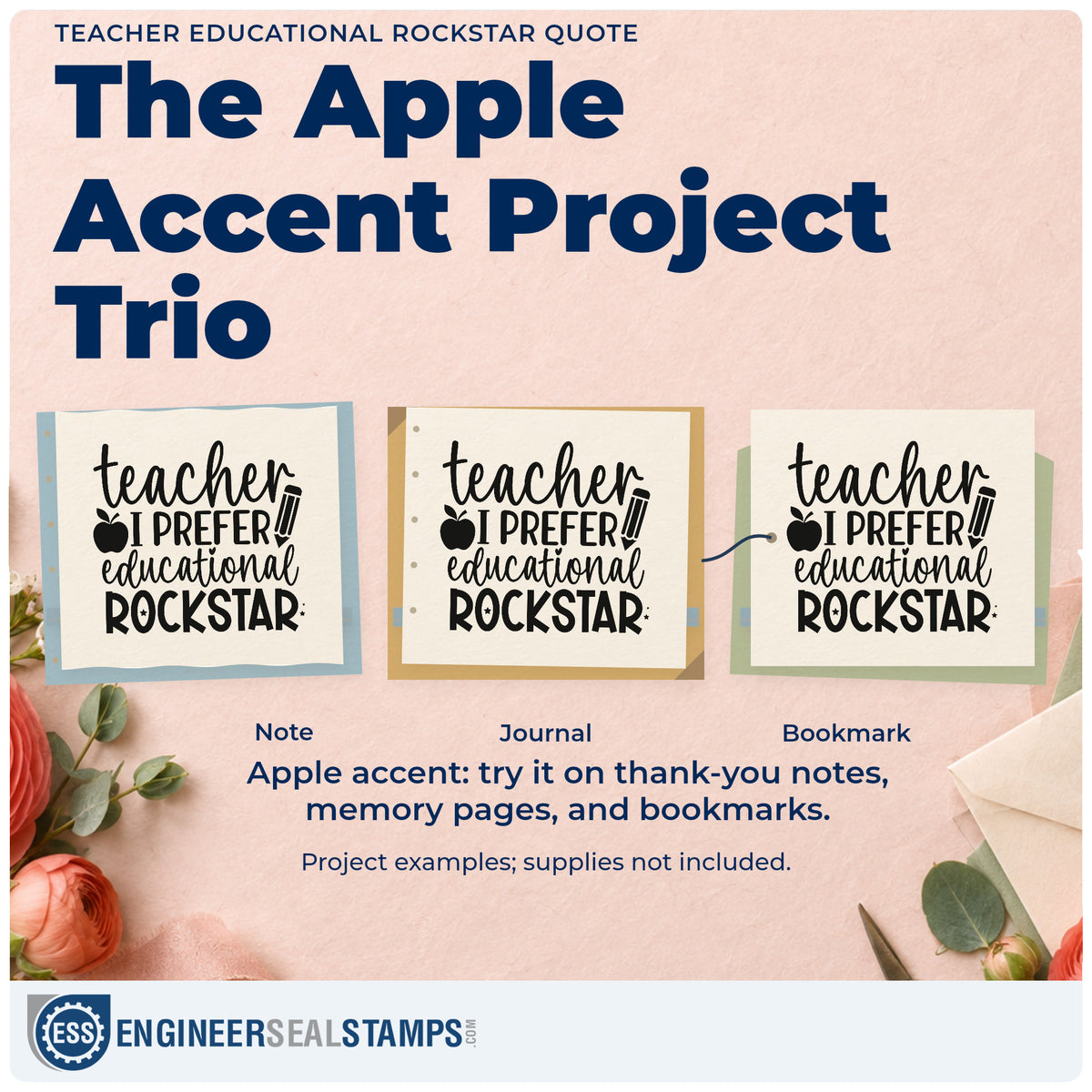Three project examples made with the Teacher I Prefer Educational Rockstar Pre-Inked Stamp – Slim, including mug shelf labels.