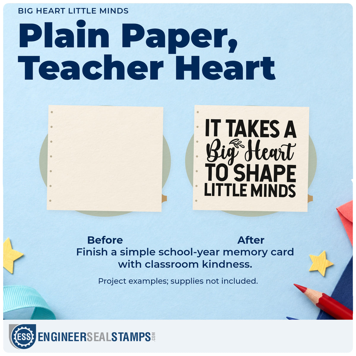 Before and after of a plain item finished with the Big Heart Little Minds Rubber Stamp – Duo Hand, a quick upgrade for reading record seals.