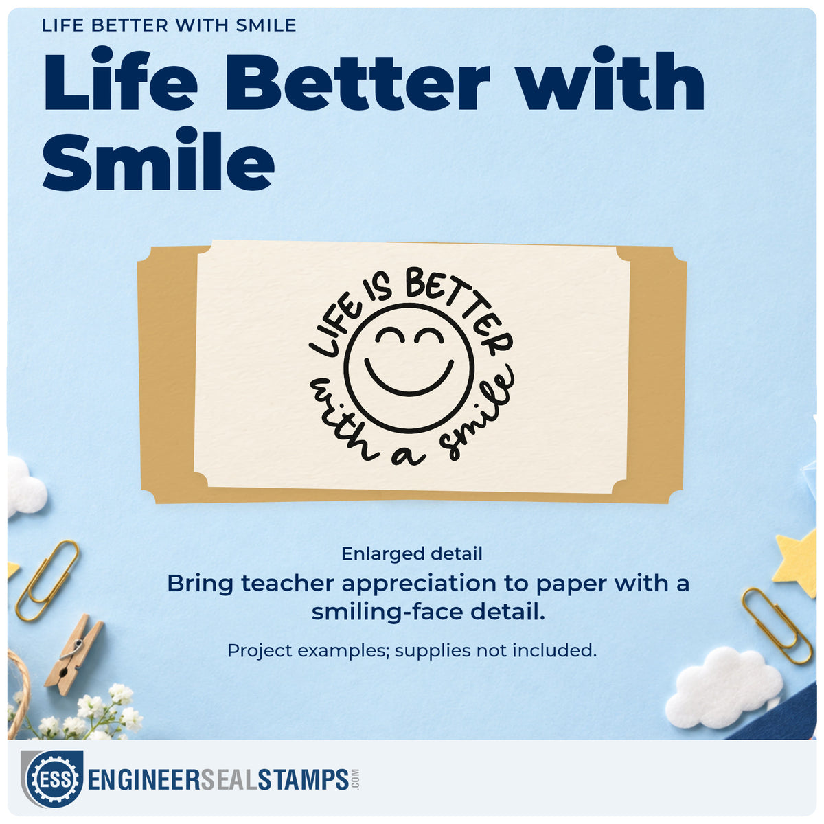 Enlarged detail of the Life Better With Smile Rubber Stamp – Duo Hand imprint. “Life Is Better with a Smile” curves around a large smiling face.