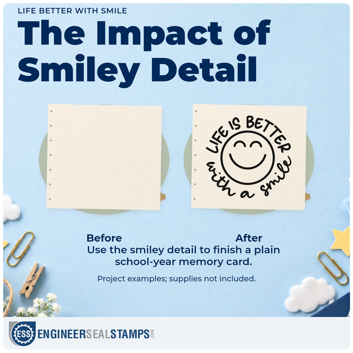 Before and after of a plain item finished with the Life Better With Smile Self-Inking Craft Stamp, a quick upgrade for photo booth seals.
