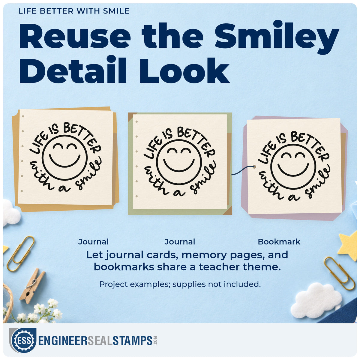 Three project examples made with the Life Better With Smile Wood Handle Stamp, including sweet jar labels.