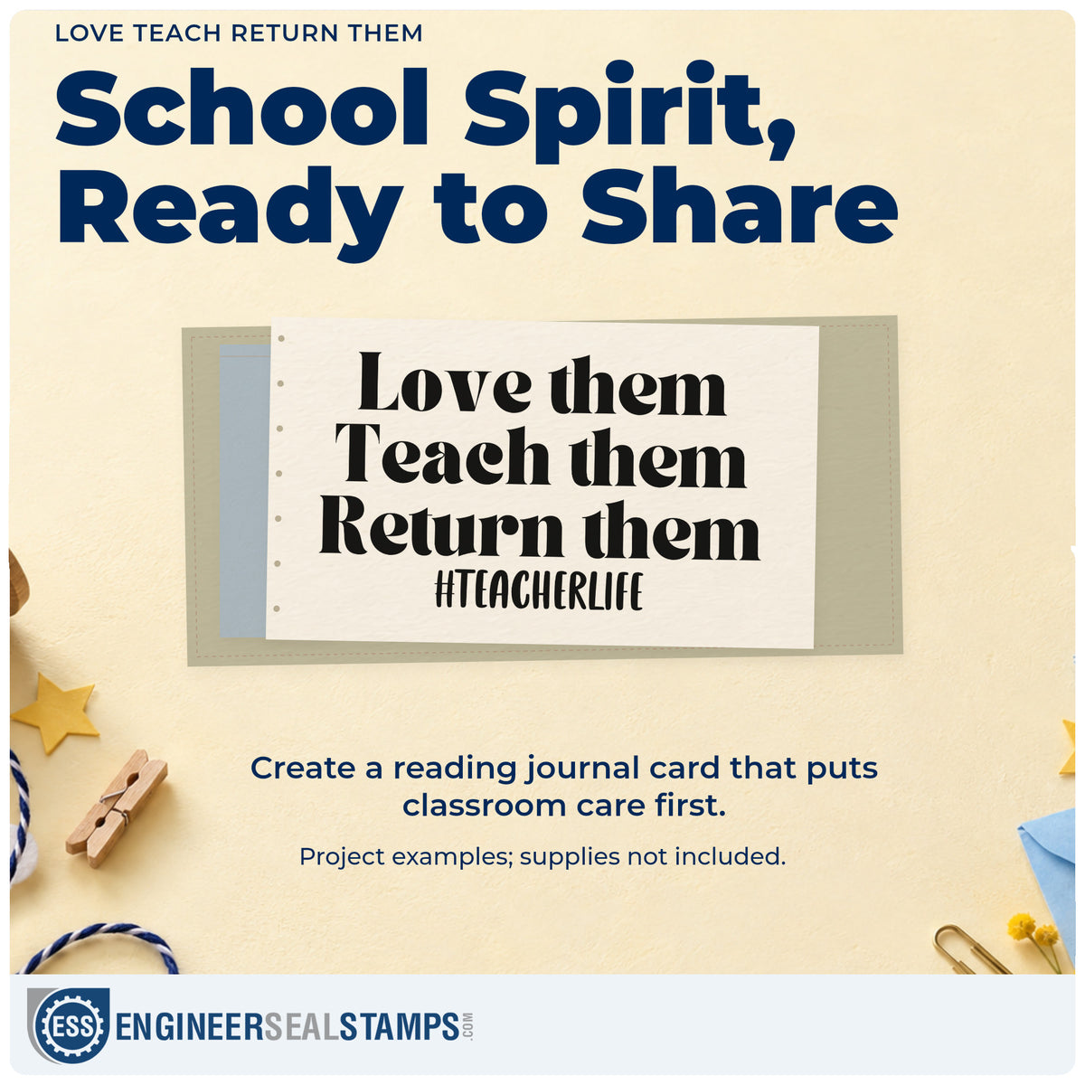 A finished handmade project stamped with the Love Teach Return Them Lettering Slim Pre-Inked Stamp, ideal for book loan tags.