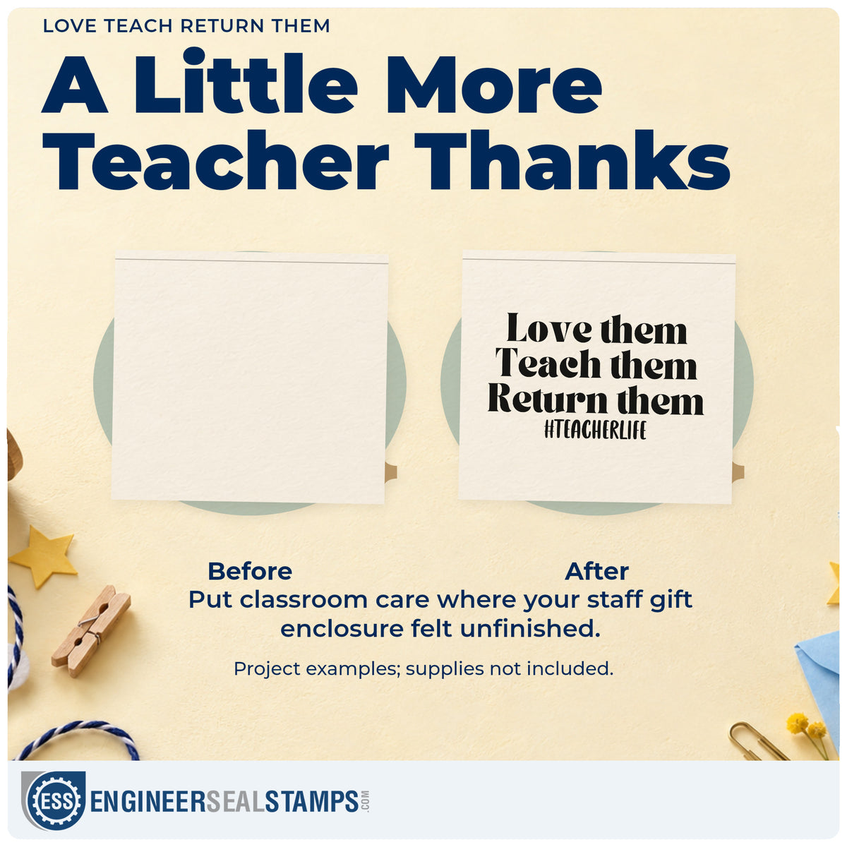 Before and after of a plain item finished with the Love Teach Return Them Lettering Rubber Stamp – Wood Handle, a quick upgrade for overdue note seals.