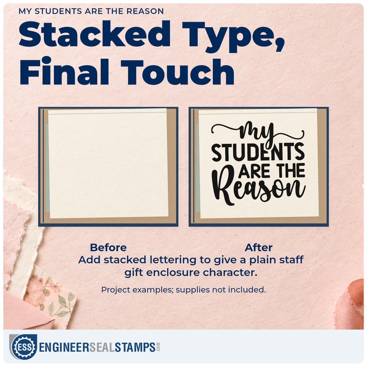 Before and after of a plain item finished with the My Students Are The Reason Script Lettering Hand Stamp – Duo, a quick upgrade for memory tin seals.