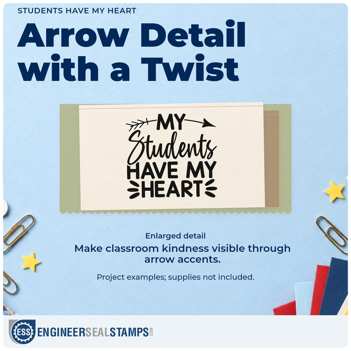 Enlarged detail of the My Students Have My Heart Arrow Rubber Stamp – Duo Hand imprint. “My Students Have My Heart” is framed by an arrow and decorative rays.
