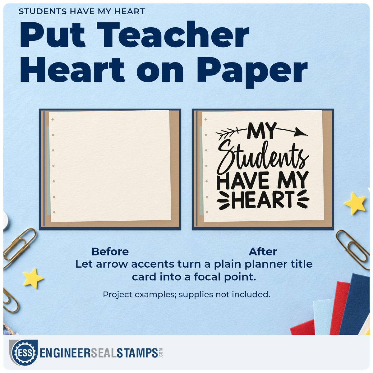 Before and after of a plain item finished with the My Students Have My Heart Arrow Rubber Stamp – Duo Hand, a quick upgrade for autograph book seals.