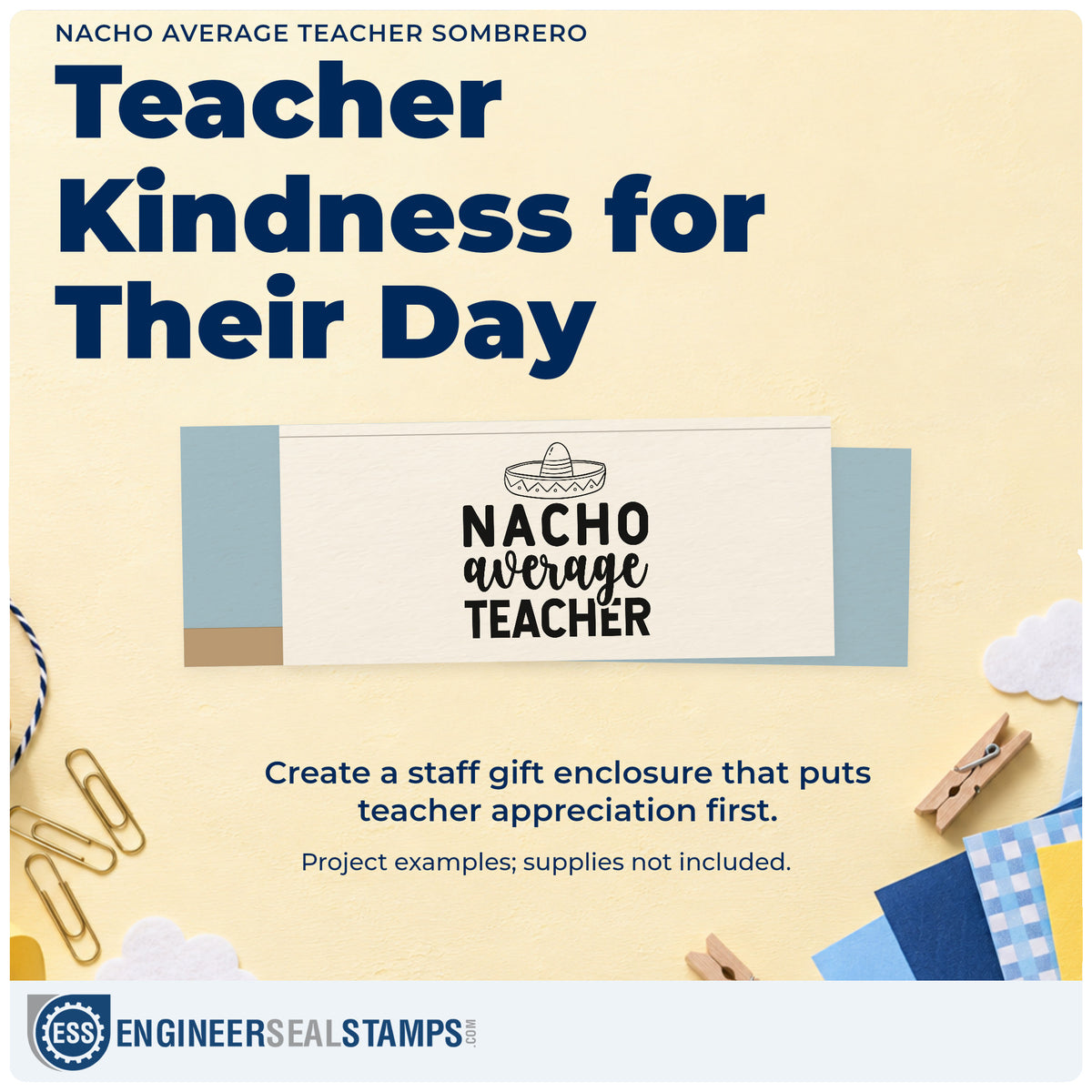 A finished handmade project stamped with the Nacho Average Teacher Sombrero Rubber Stamp – Wood Handle, ideal for language club tags.