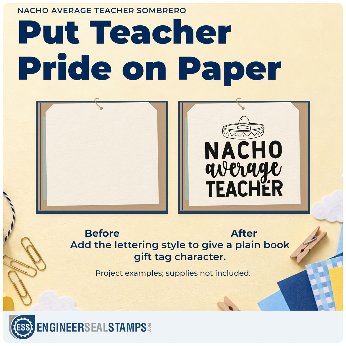 Before and after of a plain item finished with the Nacho Average Teacher Sombrero Pre-Inked Stamp – Slim, a quick upgrade for menu card seals.