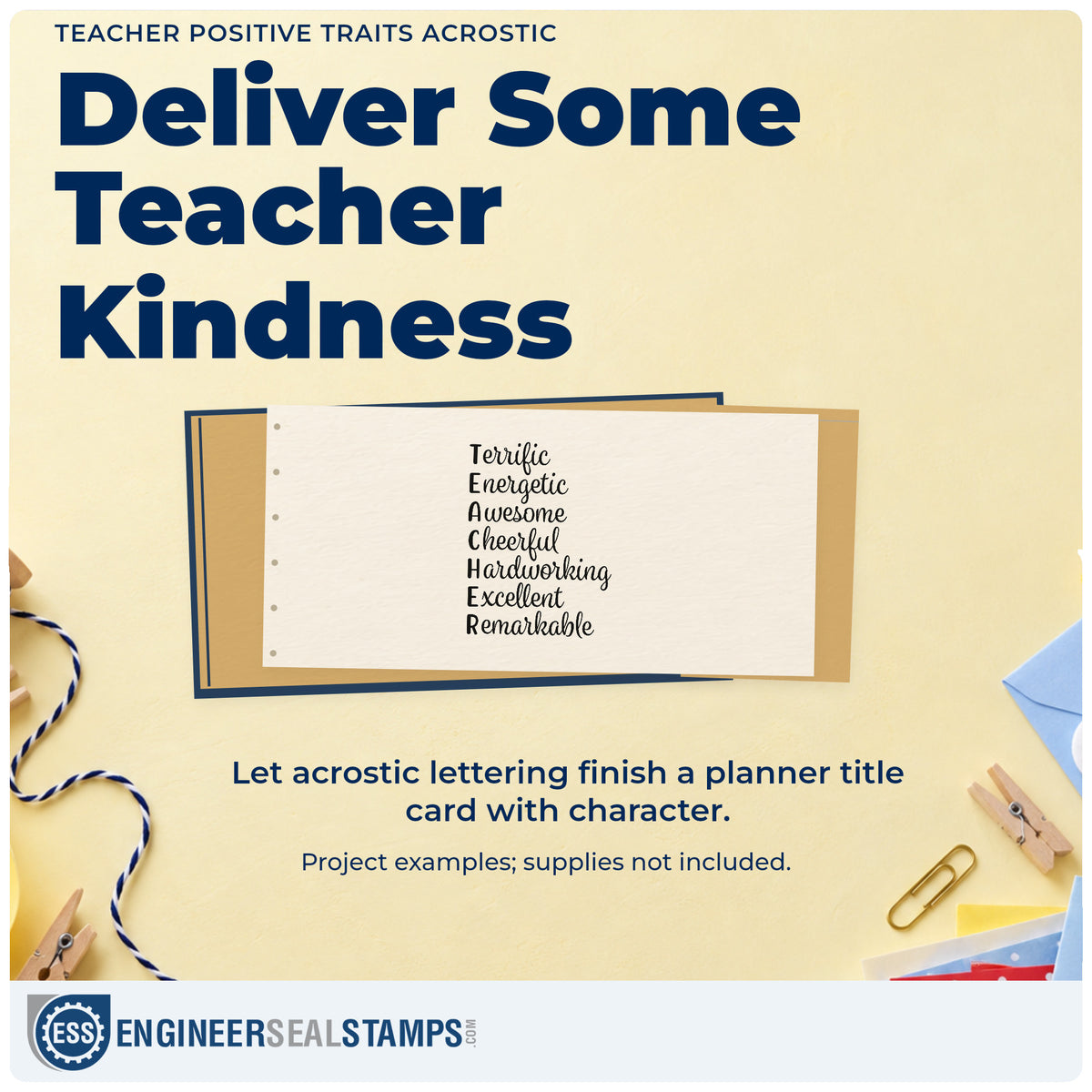 A finished handmade project stamped with the Terrific Energetic Teacher Acrostic PSI Pre-Inked Stamp, ideal for seven word tags.