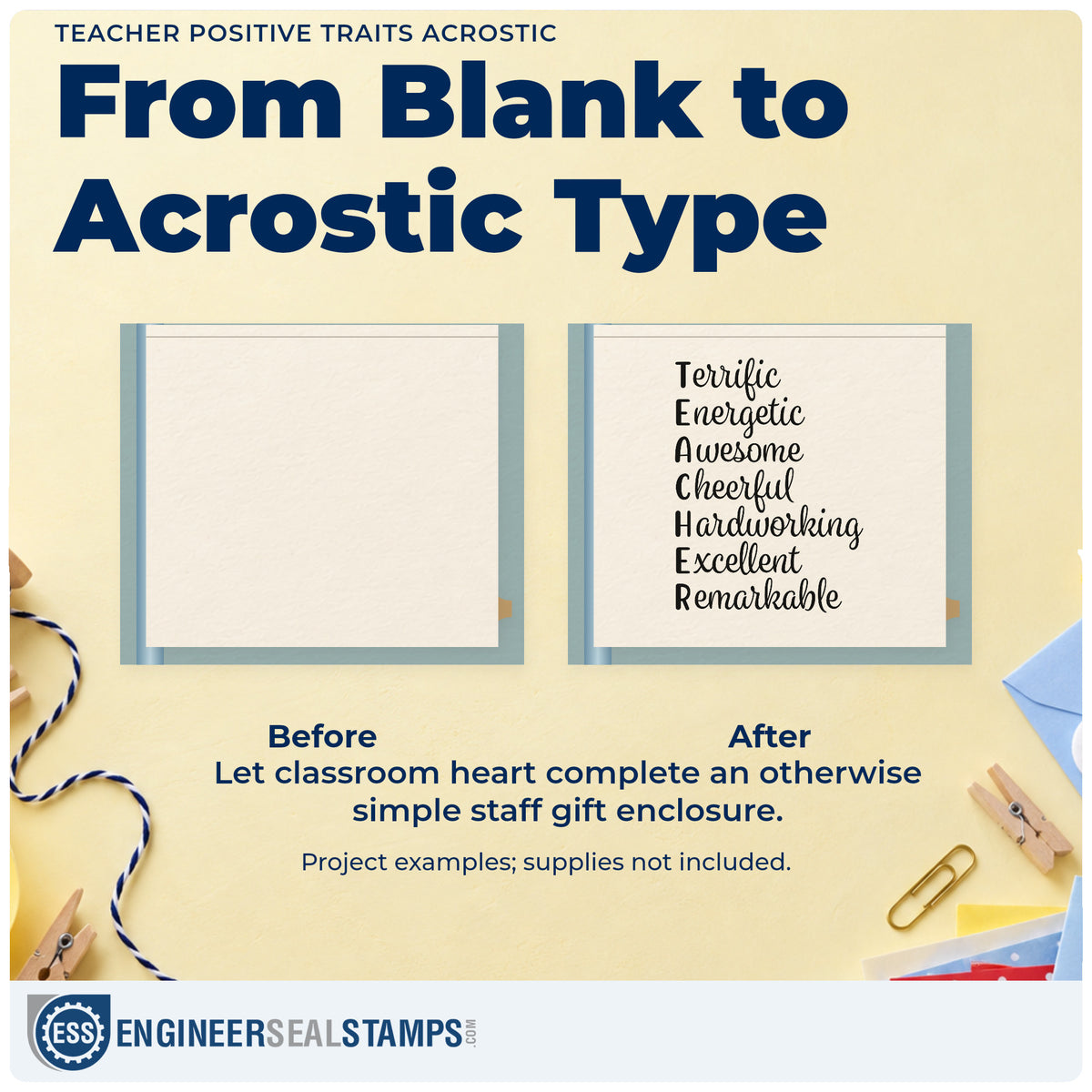 Before and after of a plain item finished with the Terrific Energetic Teacher Acrostic Rubber Stamp – Duo Hand, a quick upgrade for praise card seals.