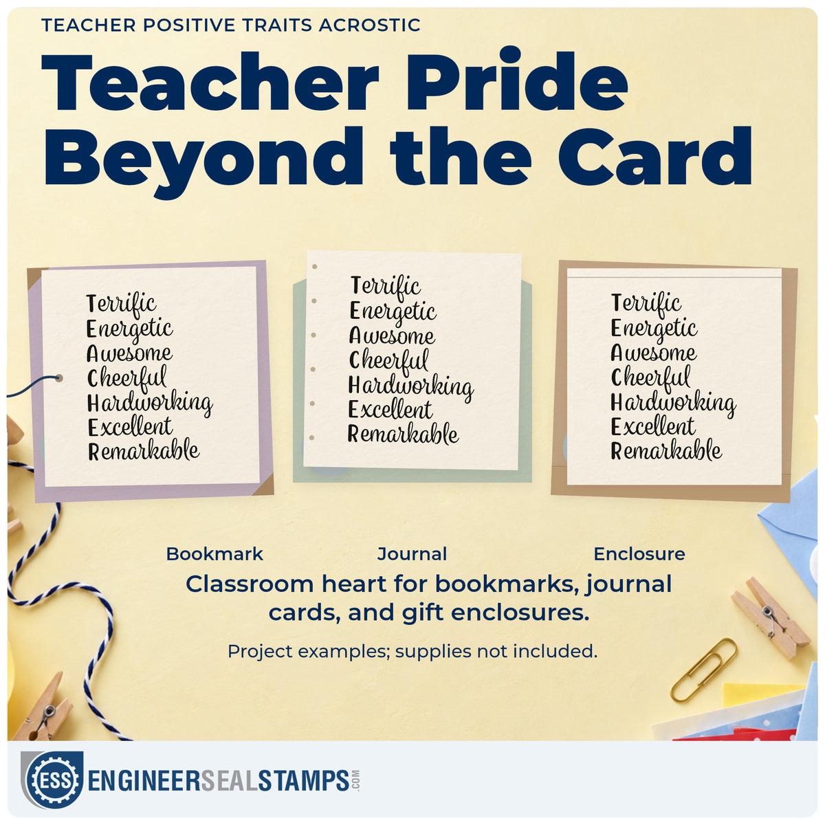 Three project examples made with the Terrific Energetic Teacher Acrostic Compact Pre-Inked Stamp – Slim, including alphabet bin labels.