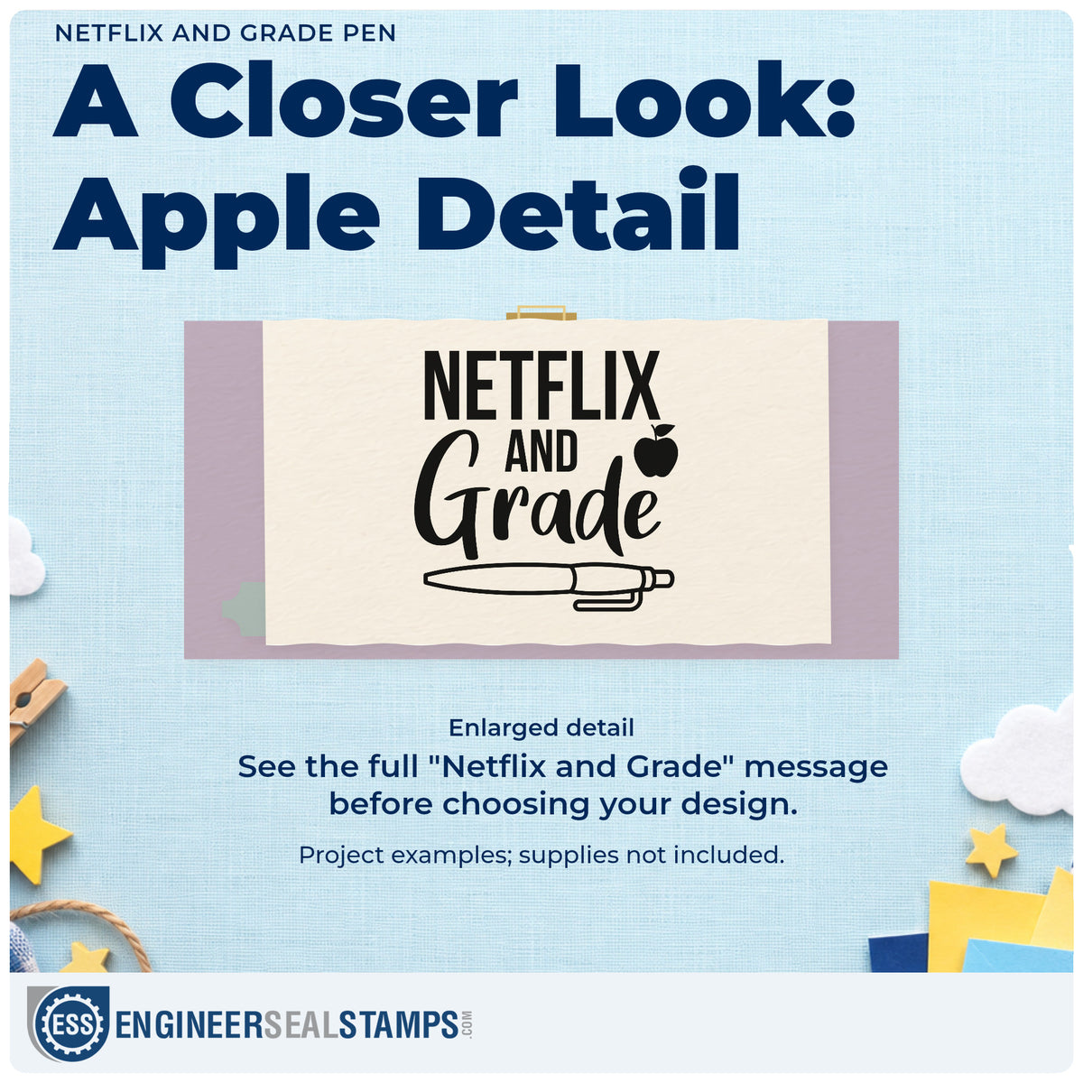 Enlarged detail of the Apple And Pen With Netflix And Grade Stamp – Self-Inking imprint. An apple accents "Netflix and Grade" above a large horizontal pen.