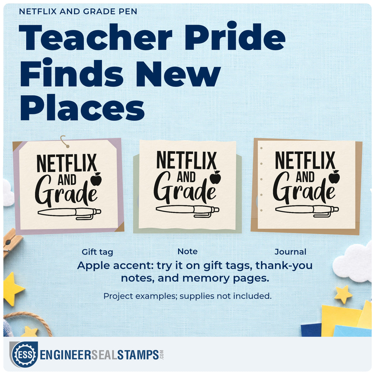 Three project examples made with the Apple And Pen With Netflix And Grade Stamp – Self-Inking, including watchlist log pages.