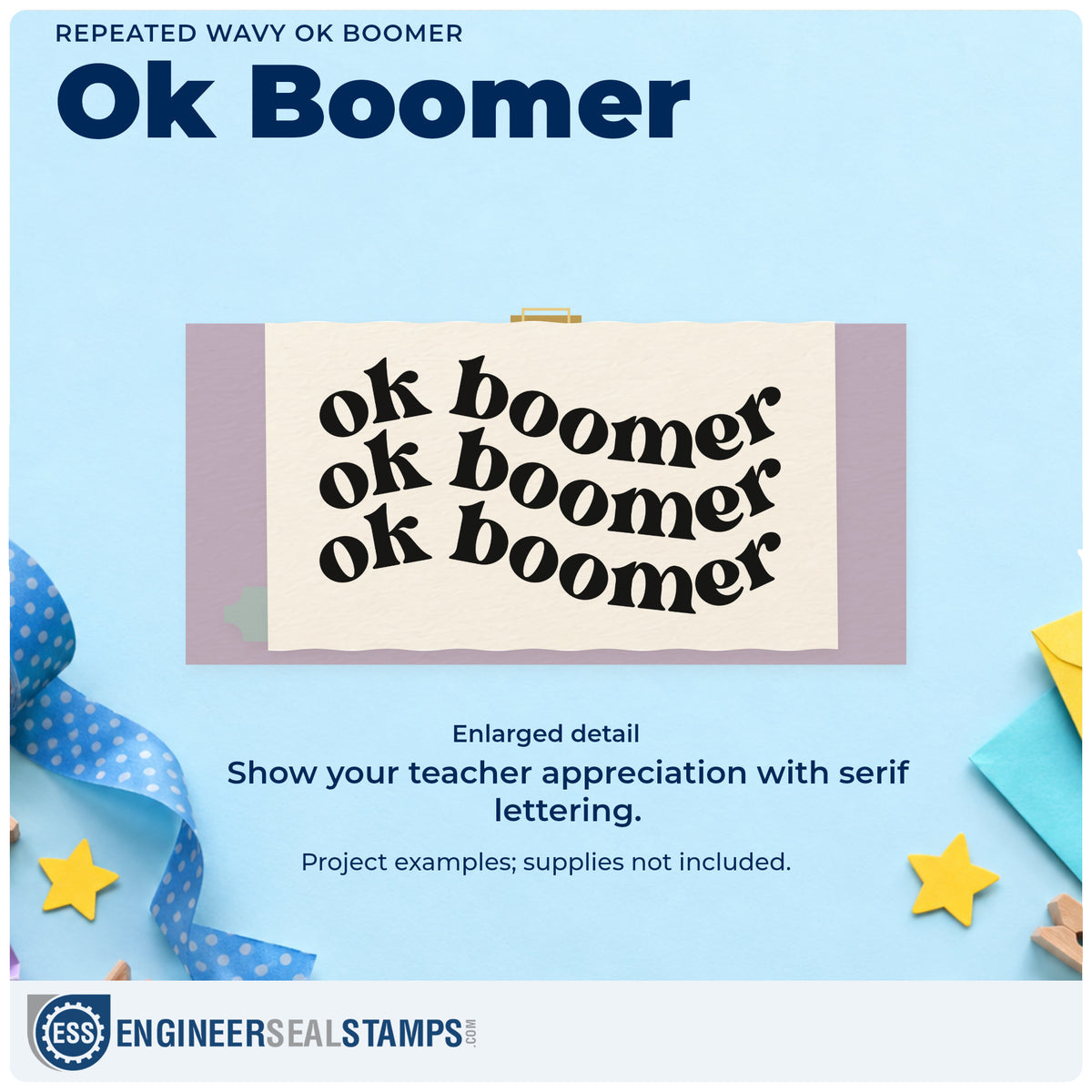 Enlarged detail of the Repeated Wavy OK Boomer Serif Lettering Rubber Stamp – Duo Hand imprint. Three curved rows repeat the phrase “Ok Boomer” in bold serif lettering.