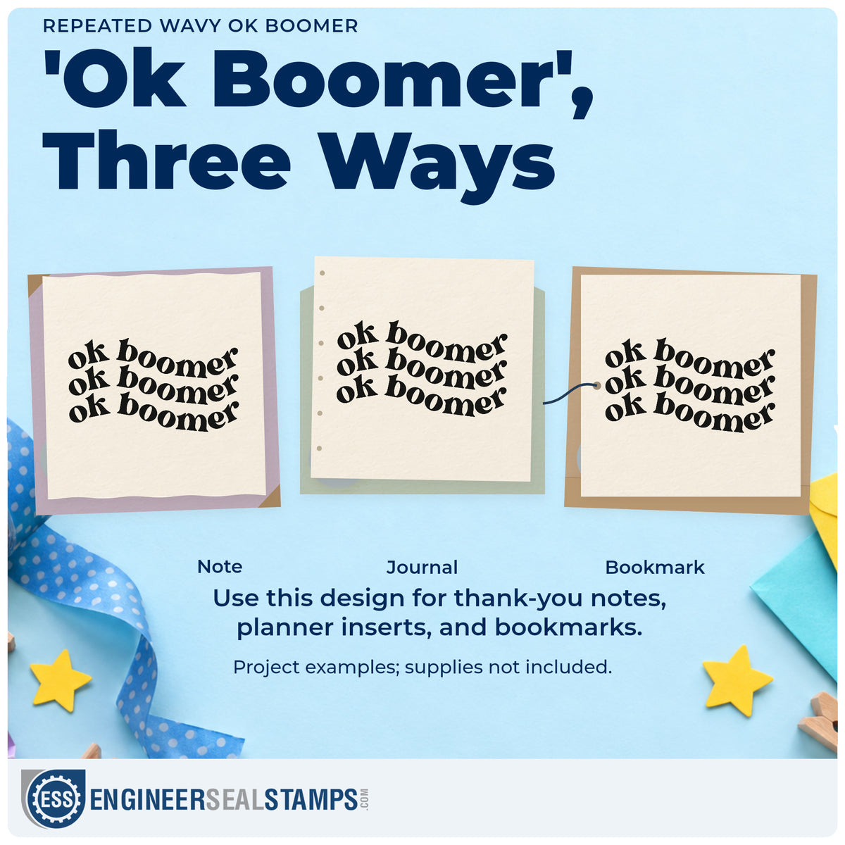 Three project examples made with the Repeated Wavy OK Boomer Serif Lettering Rubber Stamp – Duo Hand, including retro tin labels.