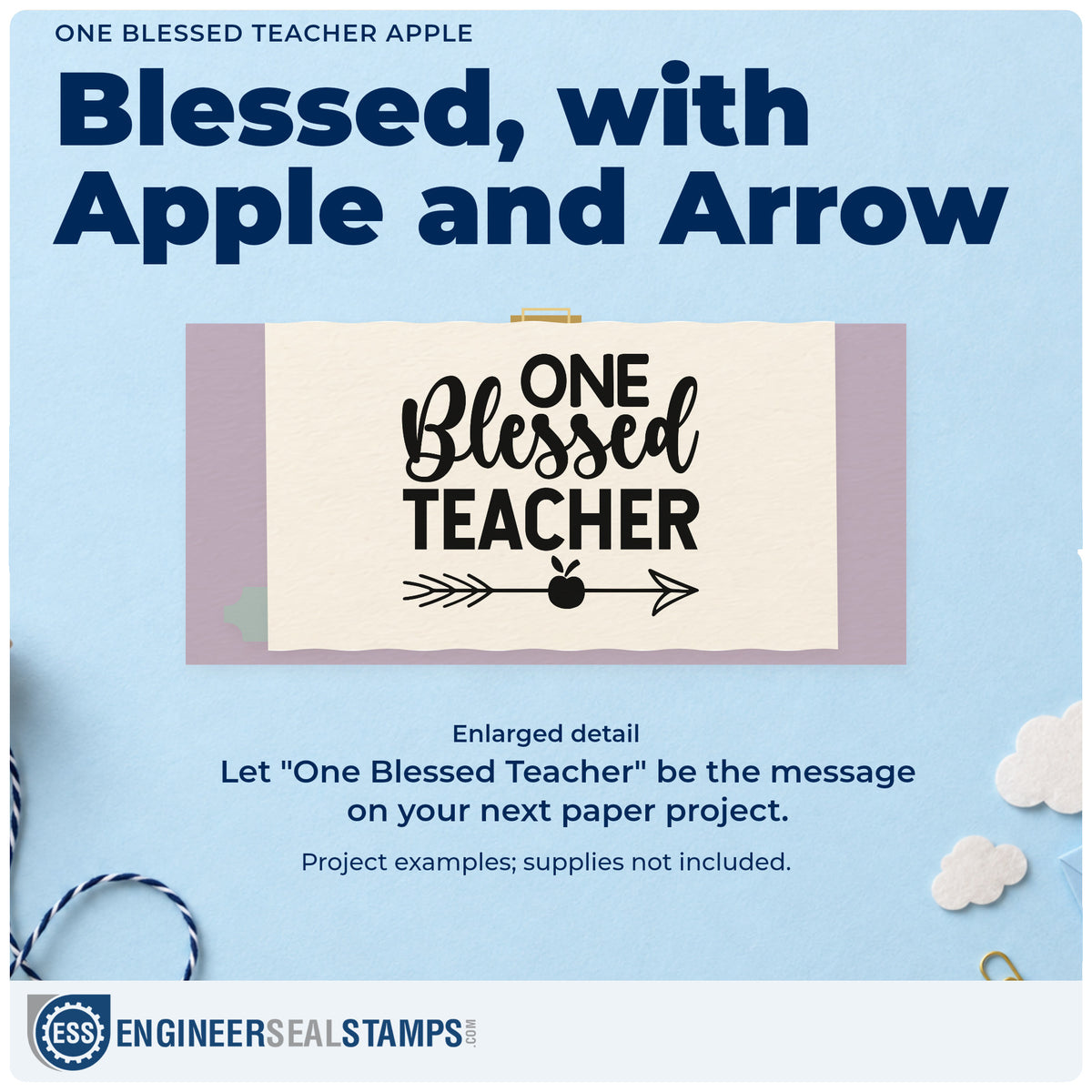 Enlarged detail of the One Blessed Teacher Apple Wood-Mounted Rubber Stamp imprint. “One Blessed Teacher” is accented with a horizontal arrow and apple.