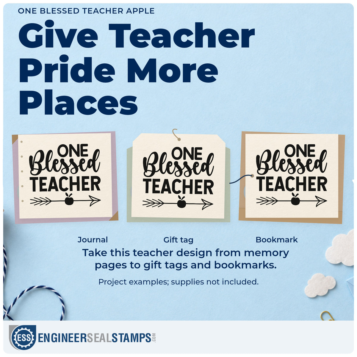 Three project examples made with the One Blessed Teacher Apple Hand Stamp – Duo, including candle tin labels.