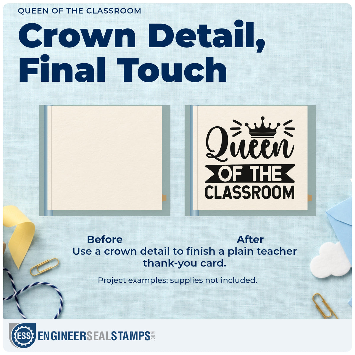 Before and after of a plain item finished with the Queen Of The Classroom Crown Stamp – Duo Hand, a quick upgrade for royal mail seals.