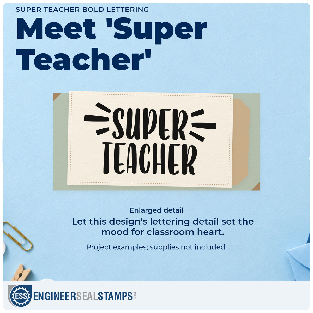 Enlarged detail of the Super Teacher Stamp – PSI Pre-Inked imprint. Tall “Super Teacher” lettering is flanked by short radiating lines.