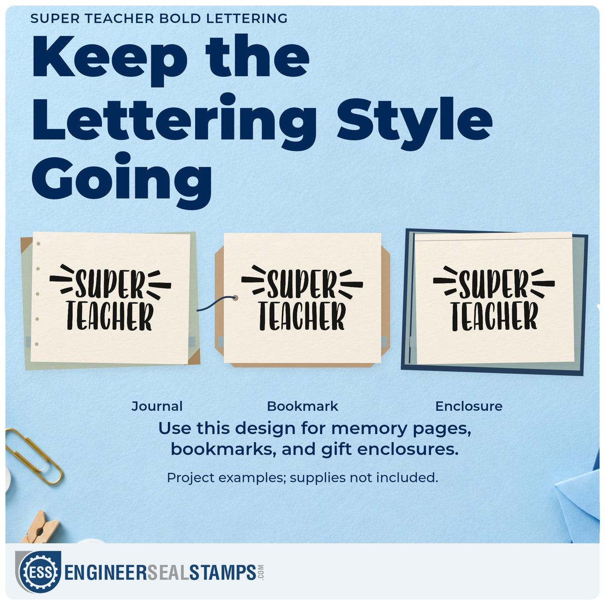 Three project examples made with the Super Teacher Slim Pre-Inked Stamp, including star jar labels.