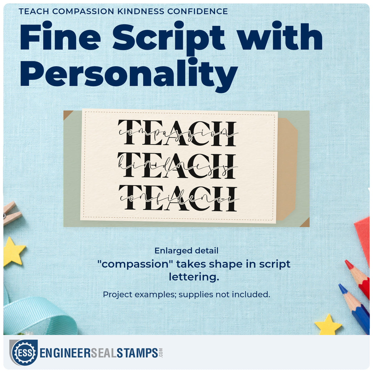 Enlarged detail of the Three Teach Rows With Kindness Script Rubber Stamp – Duo Hand imprint. Three rows of large "Teach" lettering are crossed by thin script reading "compassion," "kindness," and "confidence."