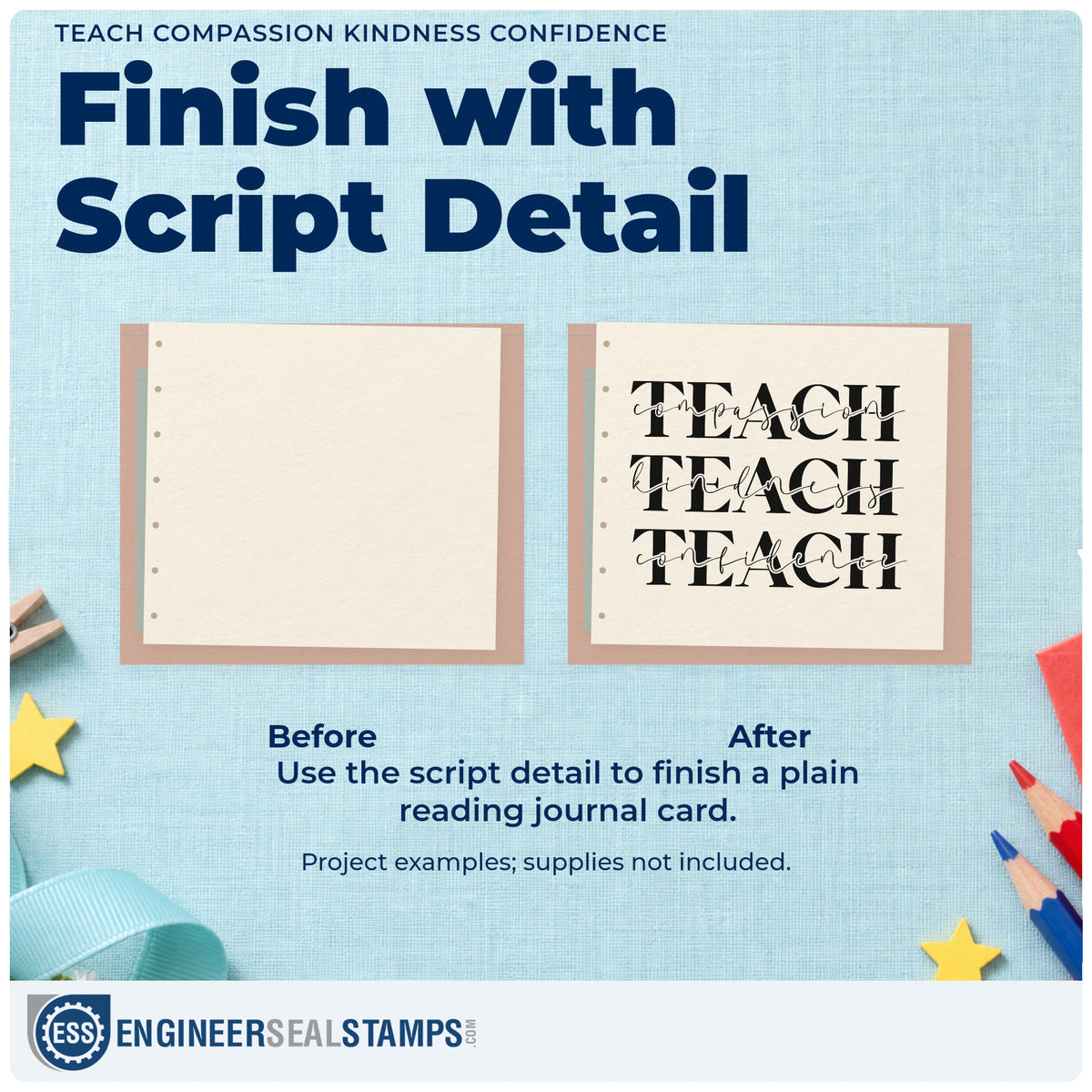 Before and after of a plain item finished with the Three Teach Rows With Kindness Script Slim Pre-Inked Stamp, a quick upgrade for policy pack seals.