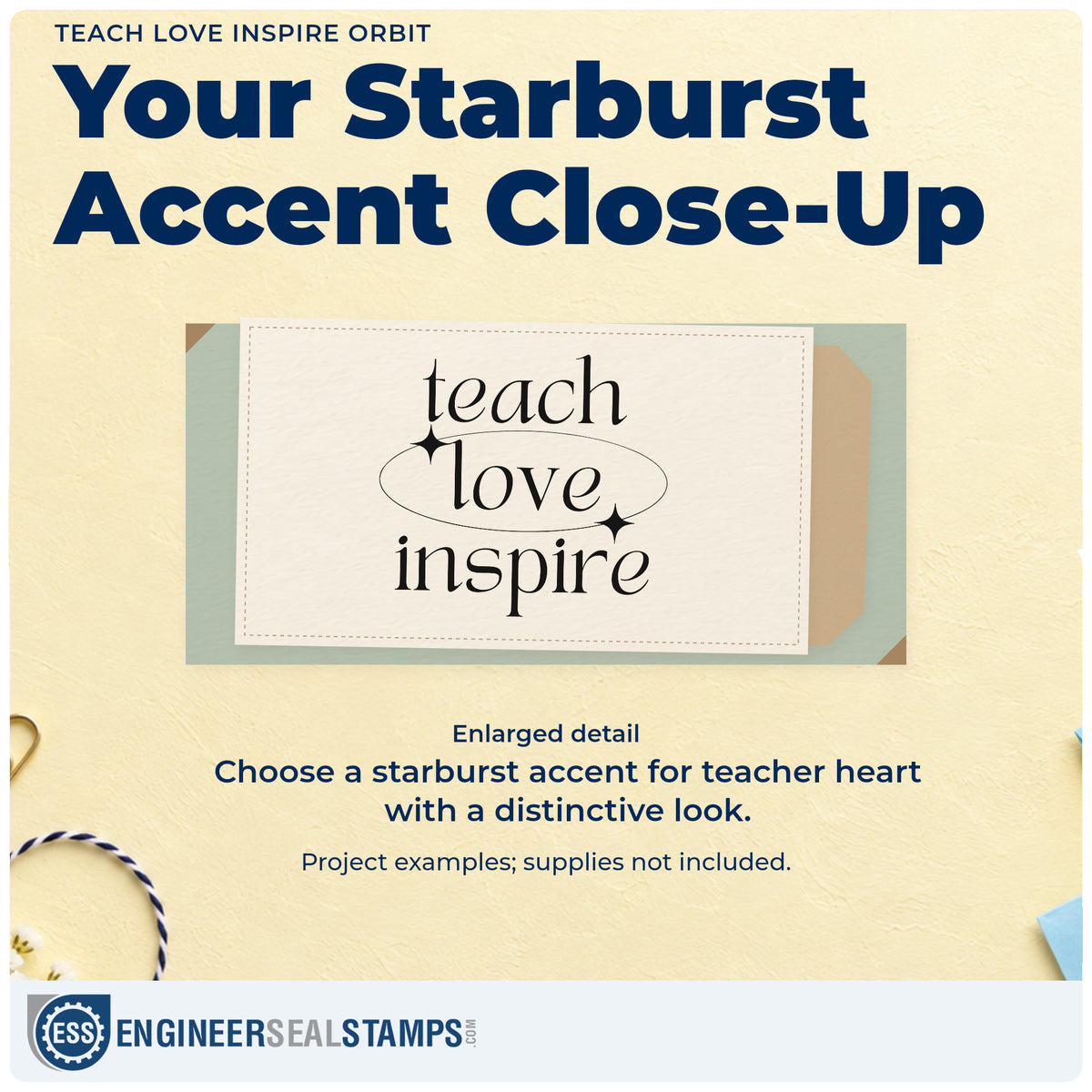 Enlarged detail of the Pre-Inked Teach Love Inspire Orbit Stamp – PSI imprint. Thin serif “Teach Love Inspire” is surrounded by an elliptical orbit and starbursts.