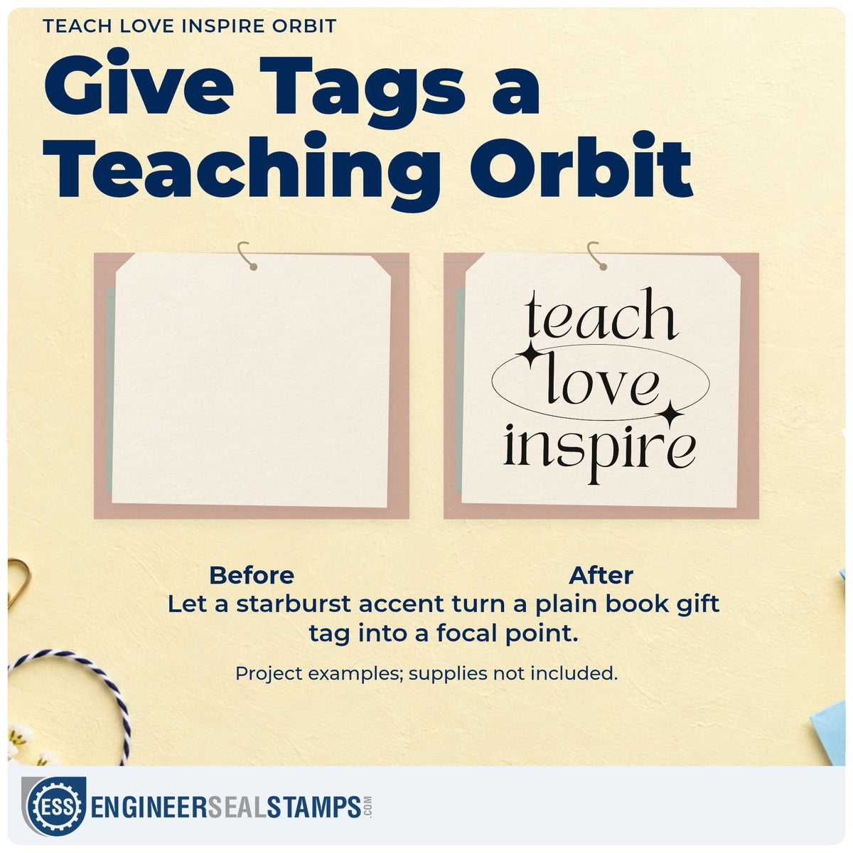 Before and after of a plain item finished with the Teach Love Inspire Orbit Craft Stamp – Self-Inking, a quick upgrade for safety sheet seals.