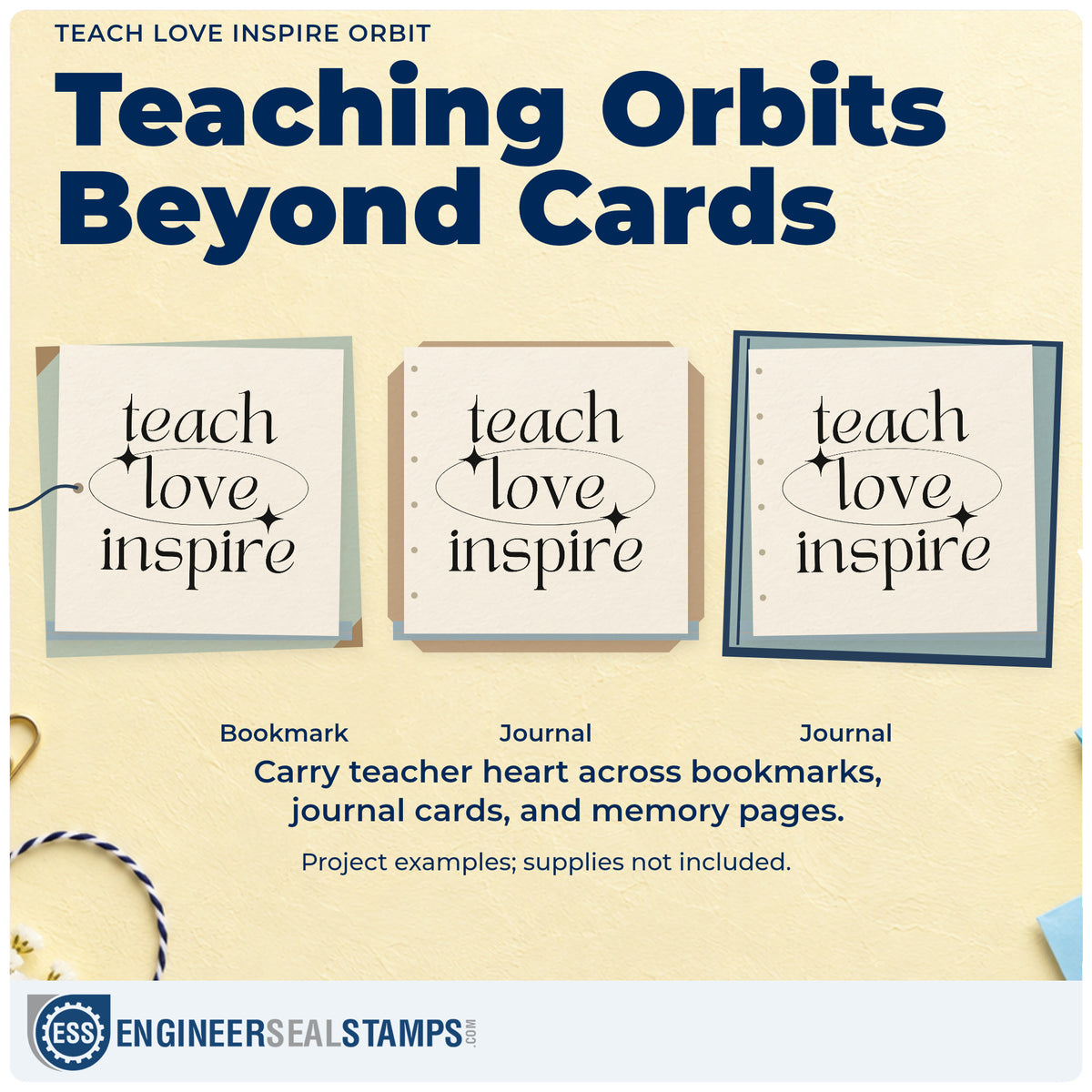 Three project examples made with the Teach Love Inspire Orbit Craft Stamp – Self-Inking, including specimen jar labels.