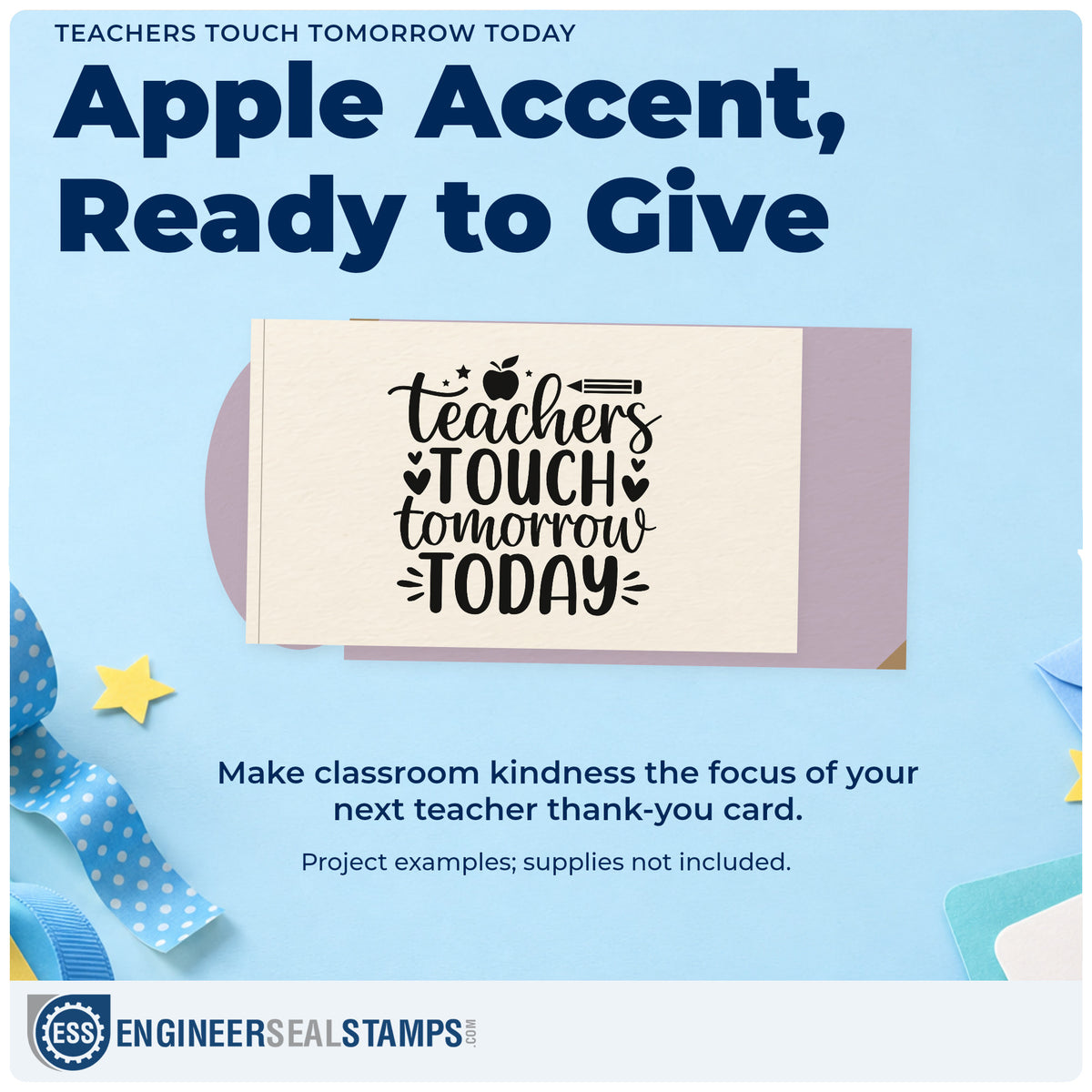 A finished handmade project stamped with the Teachers Touch Tomorrow Today Apple Rubber Stamp – Duo Hand, ideal for time capsule tags.