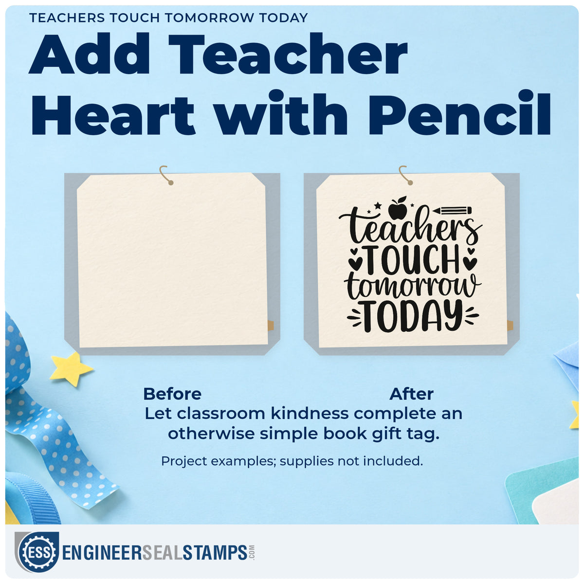 Before and after of a plain item finished with the Teachers Touch Tomorrow Today Apple Compact Pre-Inked Stamp – Slim, a quick upgrade for foundation seals.