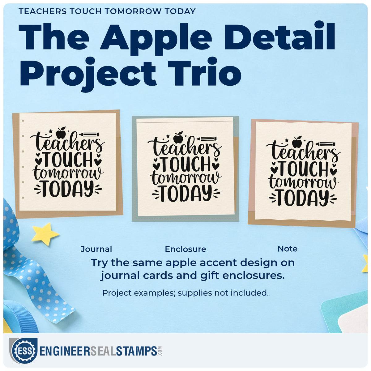 Three project examples made with the Teachers Touch Tomorrow Today Apple Rubber Stamp – Duo Hand, including archive box labels.