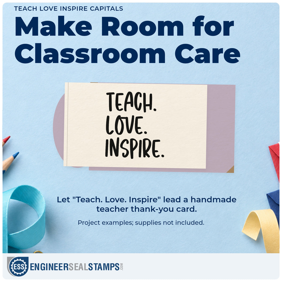 A finished handmade project stamped with the Teach Love Inspire Capitals Rubber Stamp – Wood Handle, ideal for lino block tags.