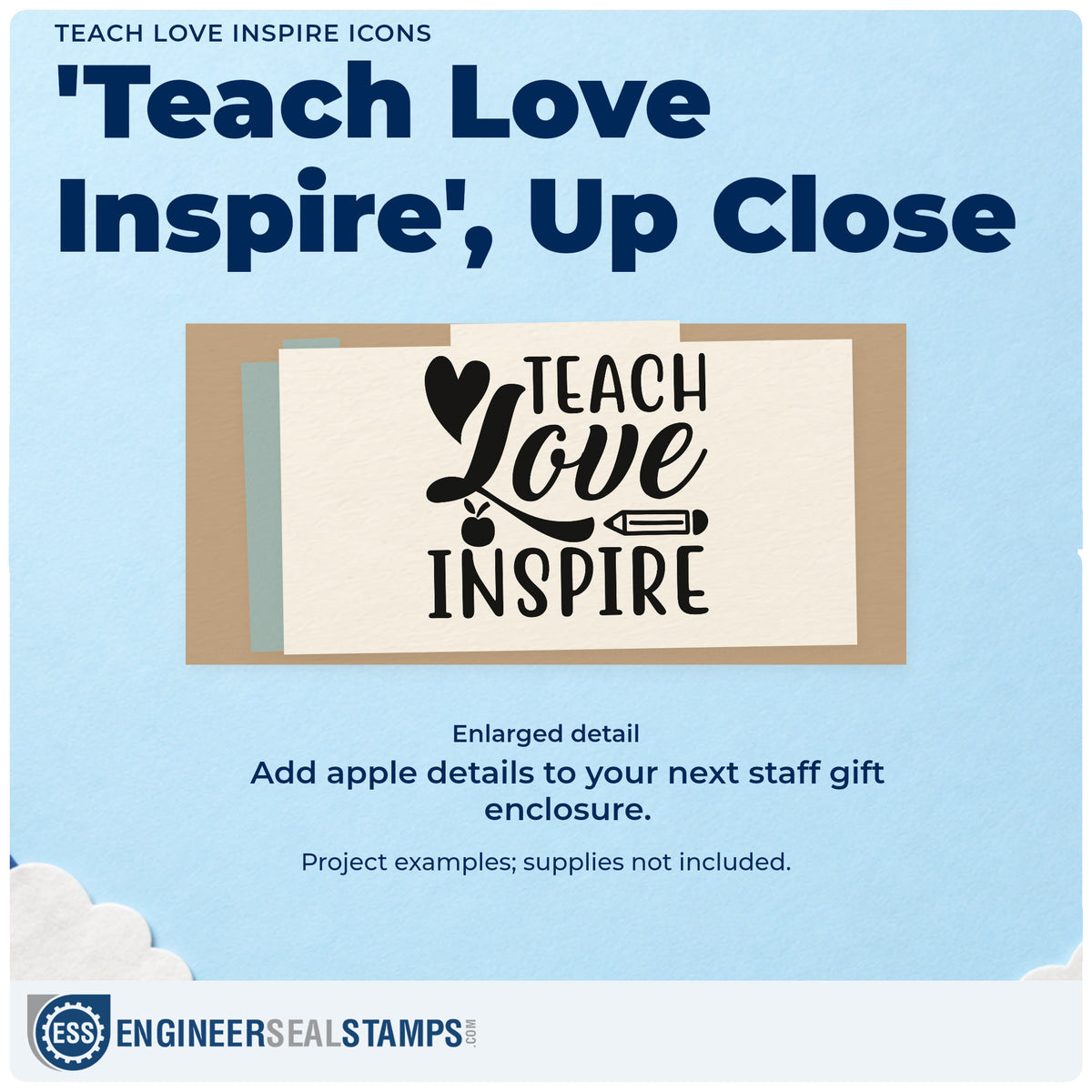 Enlarged detail of the Teach Love Inspire Icons Apple Rubber Stamp – Duo Hand imprint. “Teach Love Inspire” is accented with a heart, apple, and horizontal pencil.