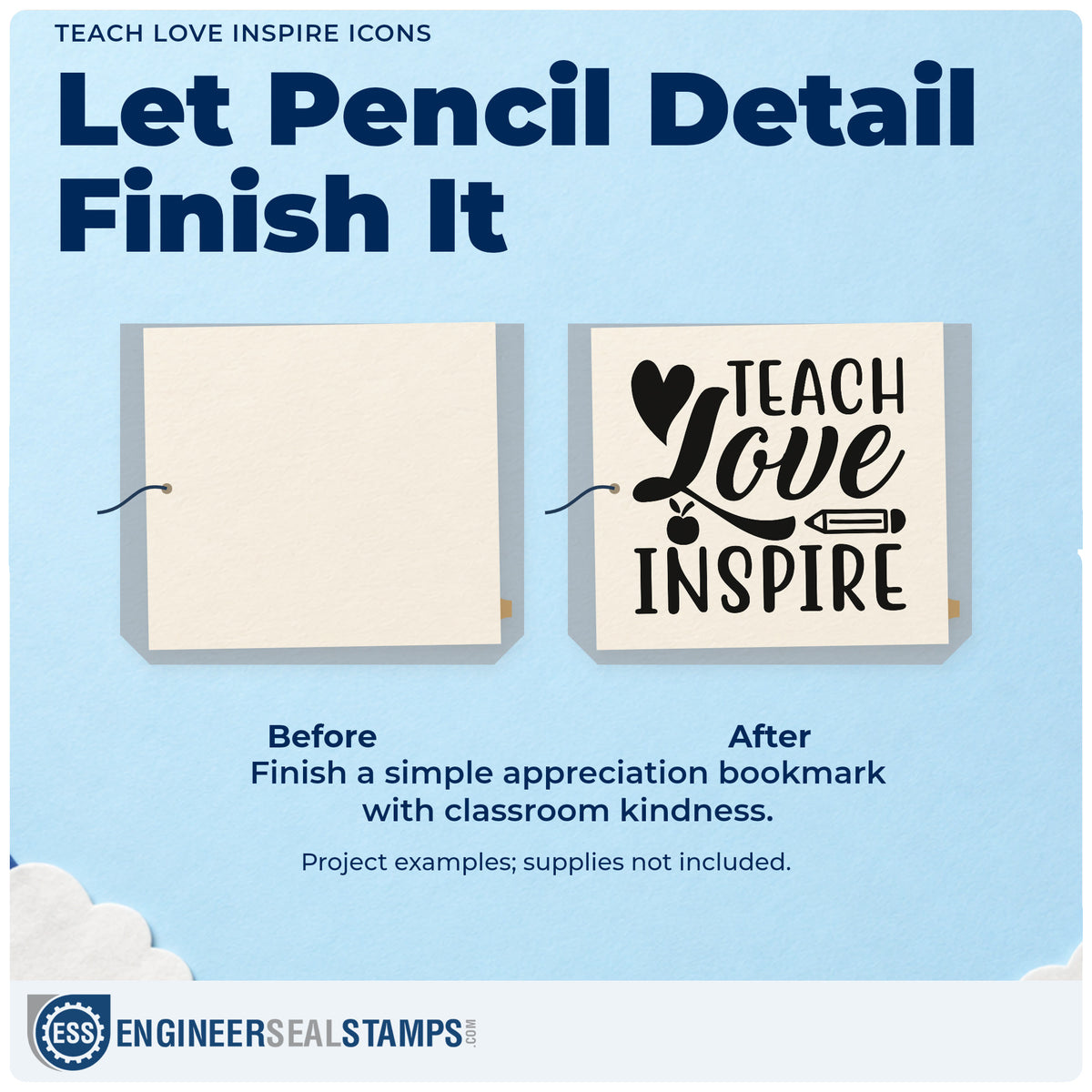 Before and after of a plain item finished with the Teach Love Inspire Icons Apple Wood Handle Stamp, a quick upgrade for card wallet seals.