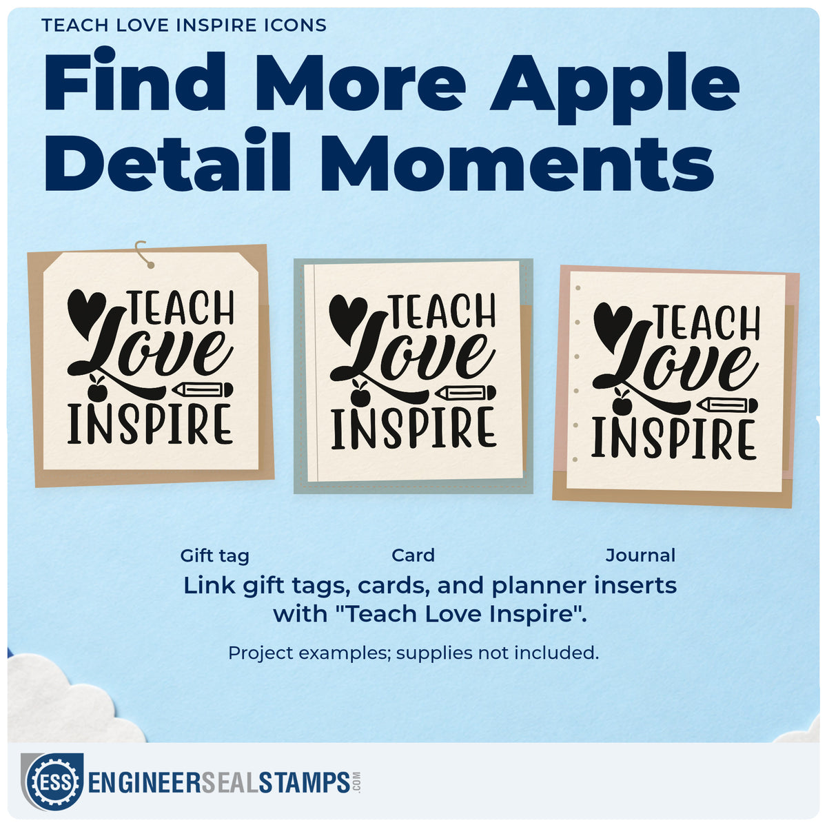 Three project examples made with the Teach Love Inspire Icons Apple Pre-Inked Stamp – PSI, including gift basket labels.