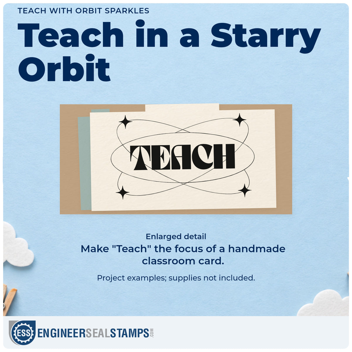 Enlarged detail of the Teach With Orbit Sparkles Lettering Pre-Inked Stamp – PSI imprint. Bold “Teach” lettering sits inside overlapping elliptical orbits with starbursts.