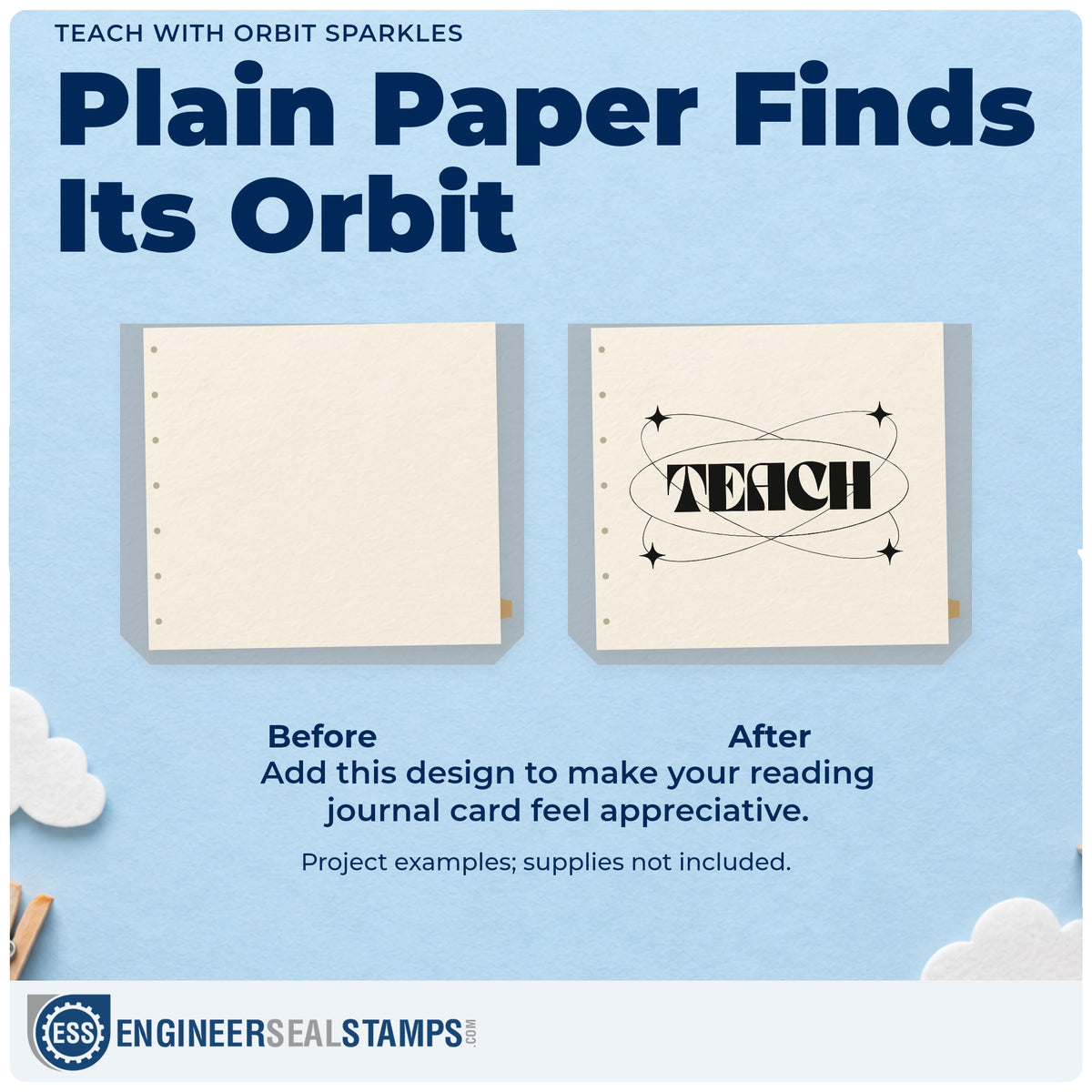 Before and after of a plain item finished with the Teach With Orbit Sparkles Lettering Stamp – Duo Hand, a quick upgrade for data folder seals.