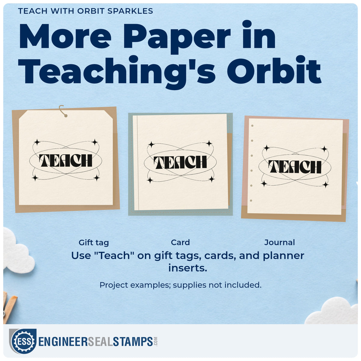 Three project examples made with the Teach With Orbit Sparkles Lettering Rubber Stamp – Wood Handle, including circuit box labels.