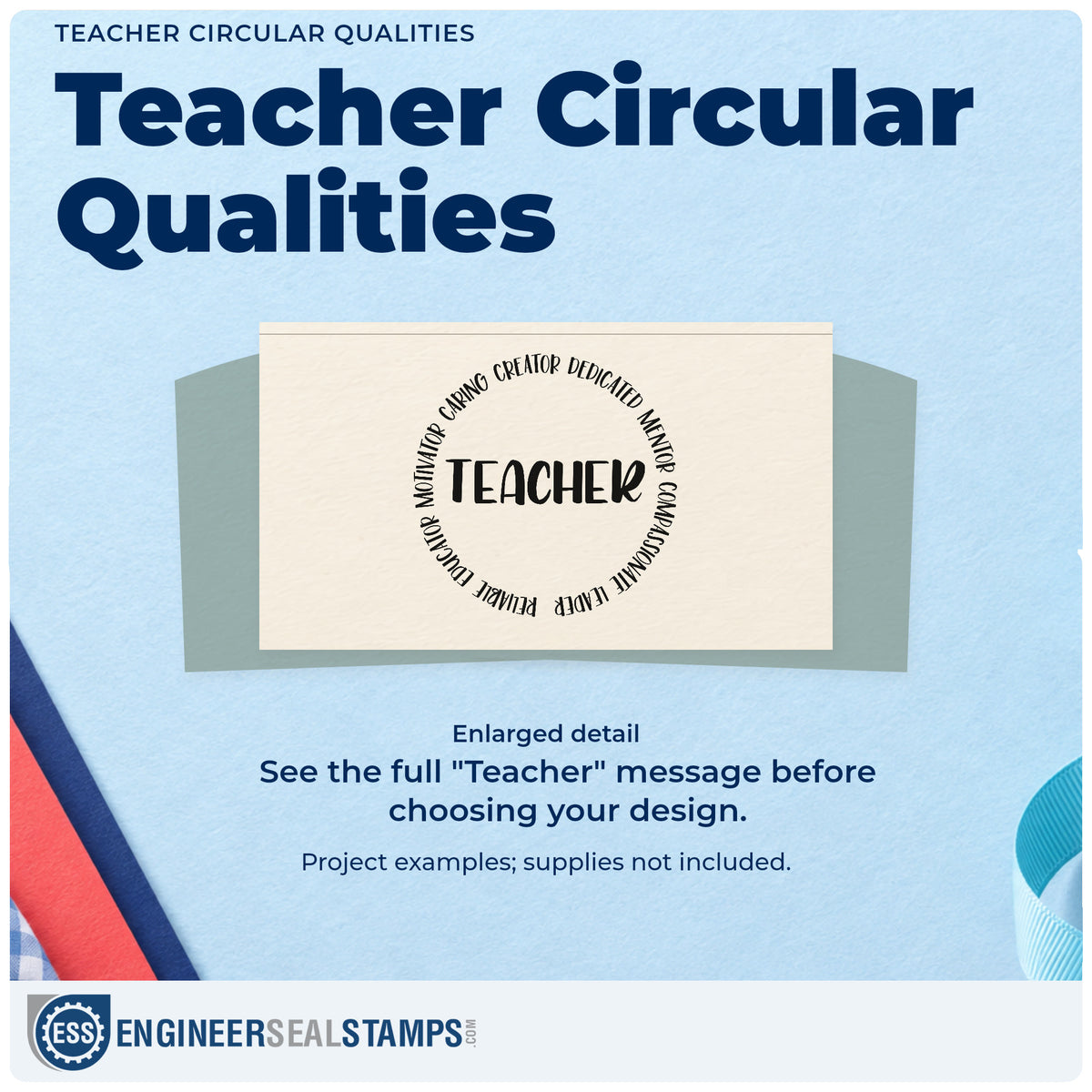 Enlarged detail of the Teacher Qualities Circular Word Art PSI Pre-Inked Stamp imprint. “Teacher” sits inside a circular ring of words including mentor, leader, educator, and creator.