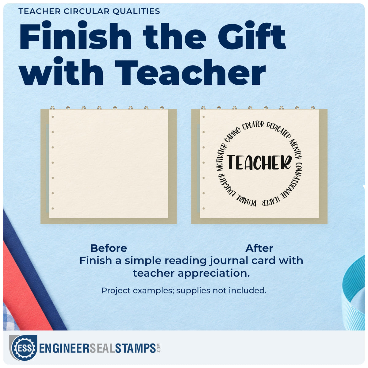 Before and after of a plain item finished with the Teacher Qualities Circular Word Art PSI Pre-Inked Stamp, a quick upgrade for handbook seals.