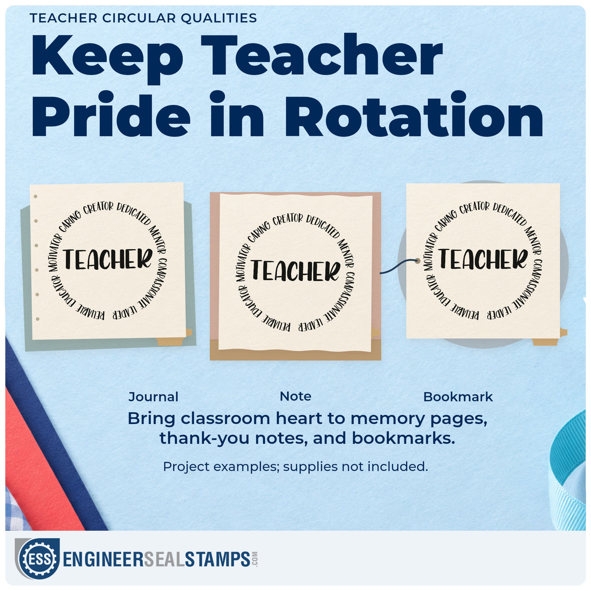 Three project examples made with the Teacher Qualities Circular Word Art Rubber Stamp – Duo Hand, including round badge labels.