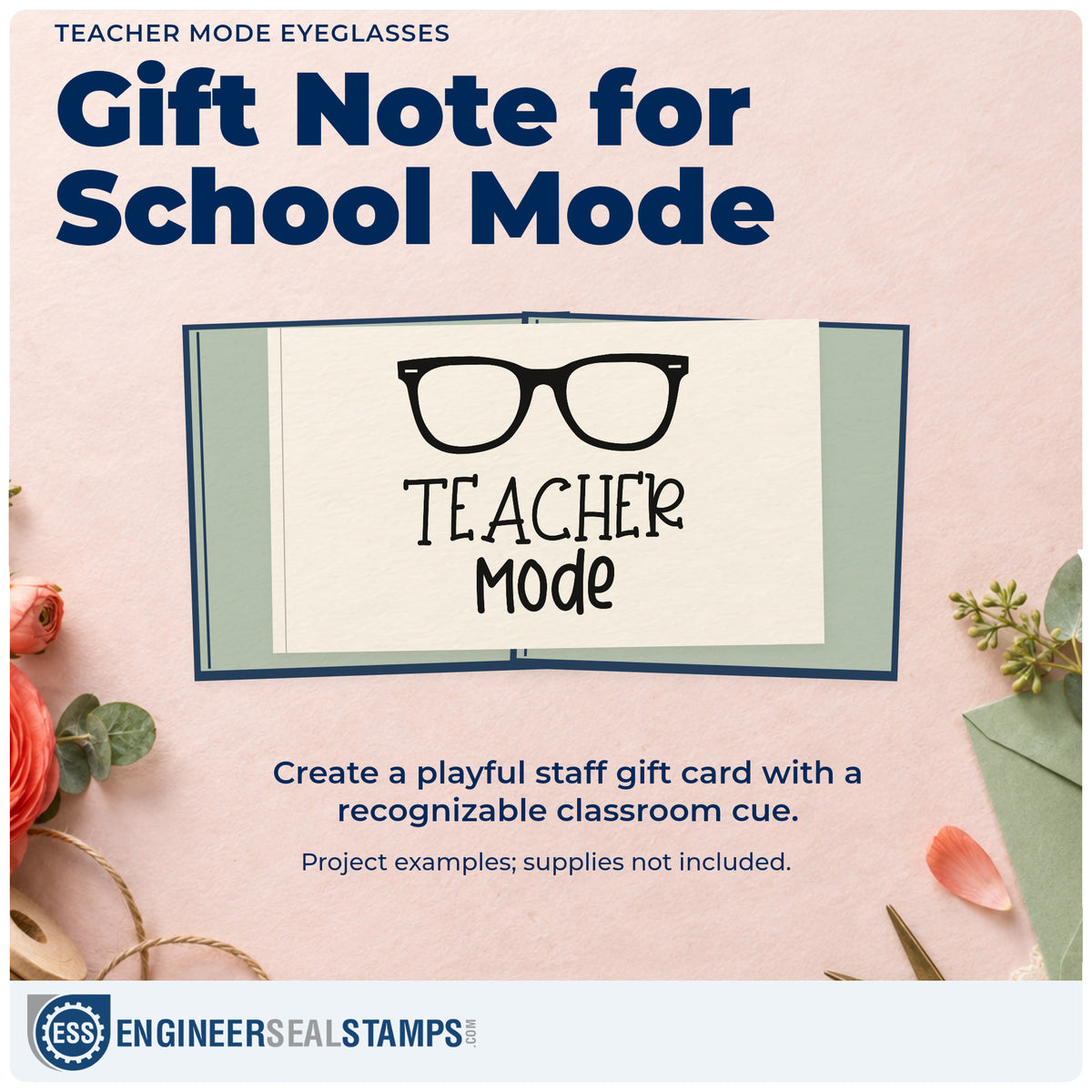 A finished handmade project stamped with the Teacher Mode Eyeglasses Stamp – PSI Pre-Inked, ideal for optician gift tags.