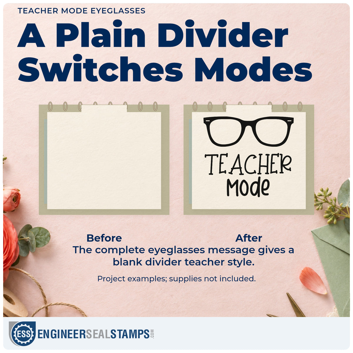 Before and after of a plain item finished with the Duo Hand Teacher Mode Eyeglasses Rubber Stamp, a quick upgrade for screen break seals.
