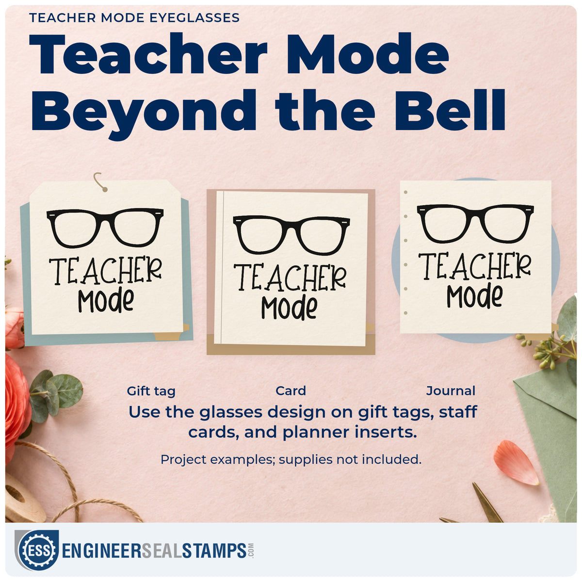 Three project examples made with the Teacher Mode Eyeglasses Self-Inking Stamp, including lens cloth labels.