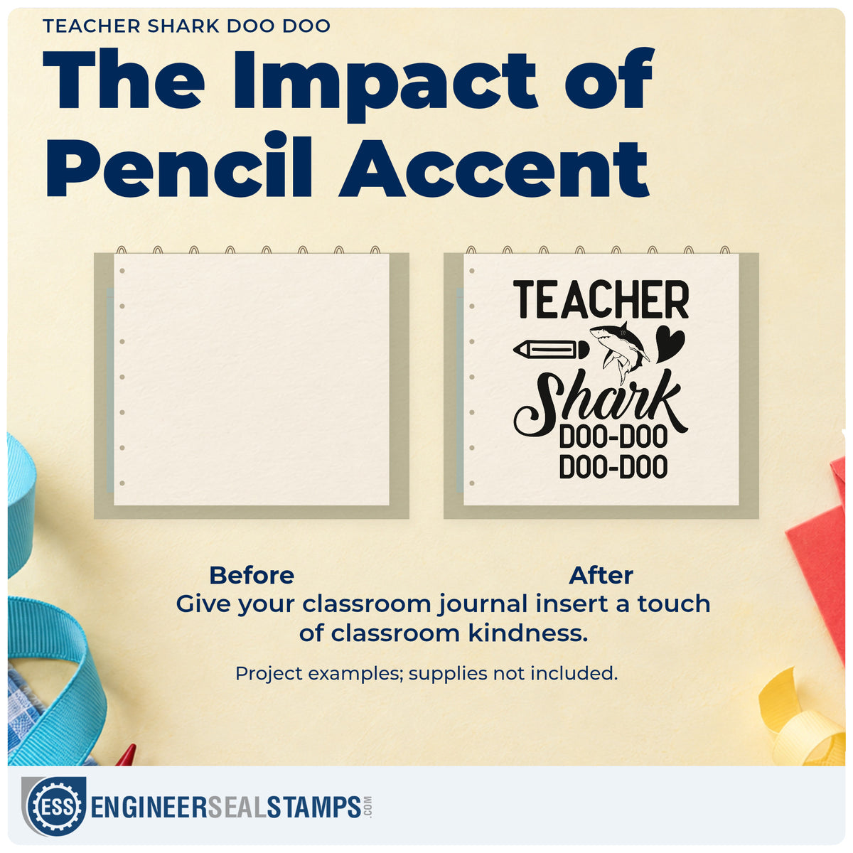 Before and after of a plain item finished with the Teacher Shark Doo Doo PSI Pre-Inked Stamp, a quick upgrade for sea topic seals.