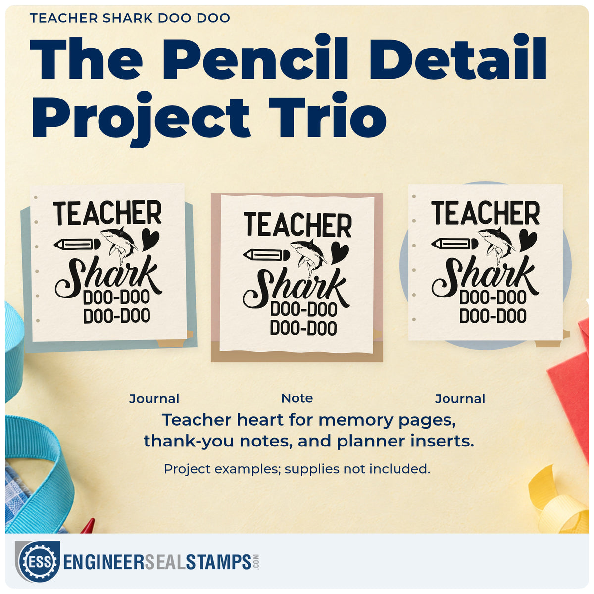 Three project examples made with the Teacher Shark Doo Doo Stamp – Self-Inking, including bath toy labels.